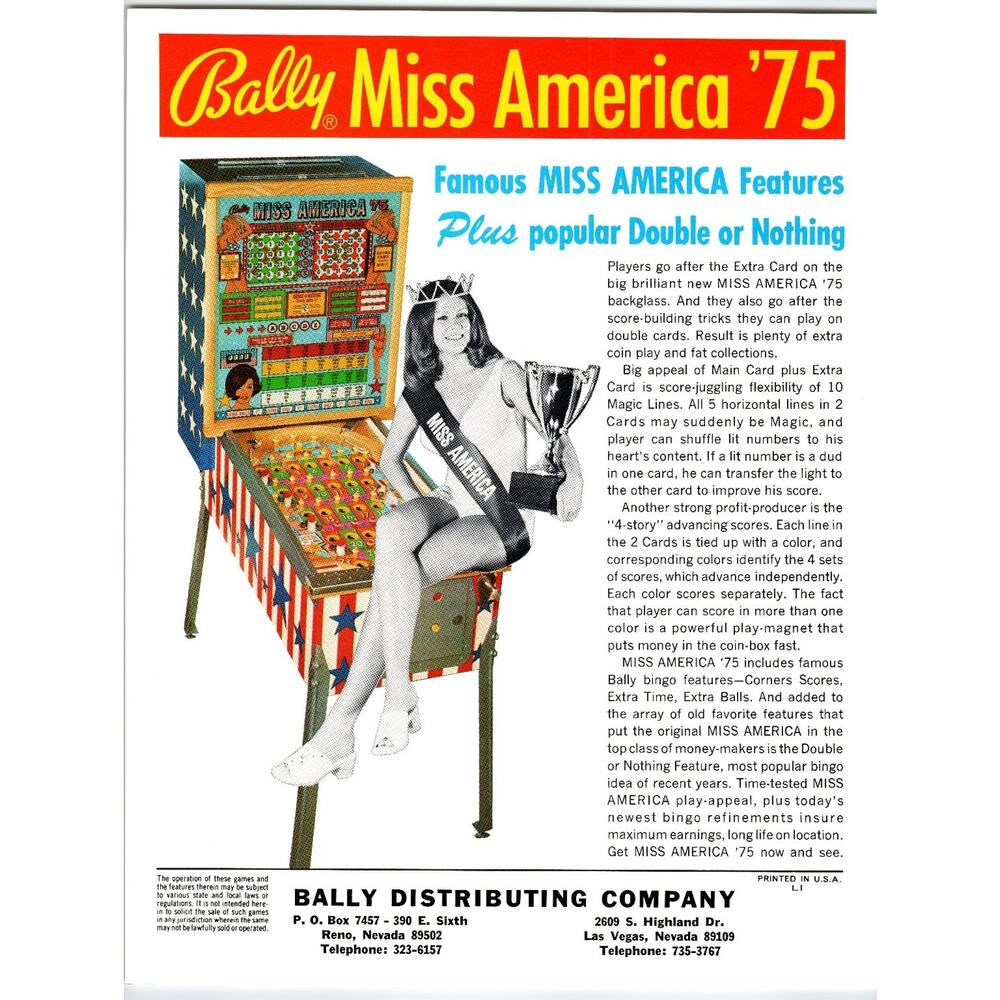 Bally Miss America '75 Pinball Machine Memorabilia Flyer Vintage Arcade 1975